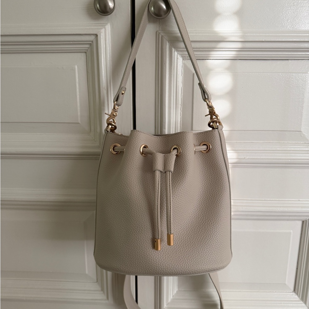 Angela Roi Pebbled Taupe Drawstring Bucket Bag with Gold Hardware